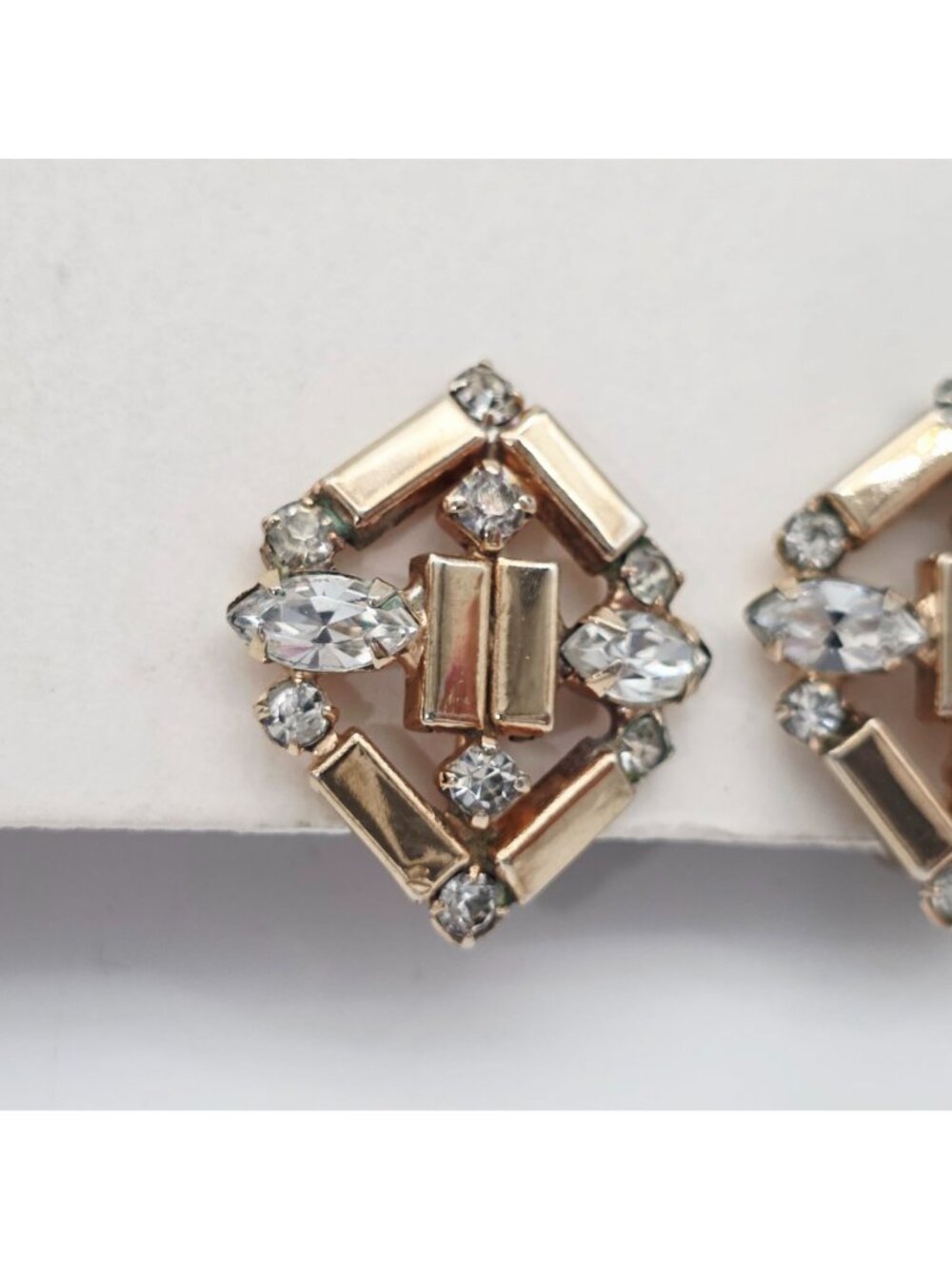 Gold-Tone Geometric Clip-On Earrings Clear Rhinestones Diamond Shape Retro Jewel - Picture 2 of 6